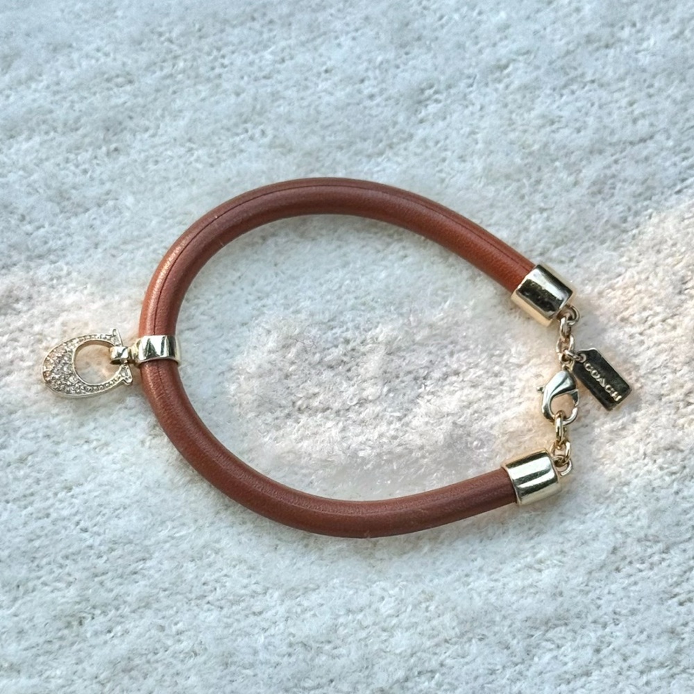 Vintage Coach Leather Bracelet Pave Signature C Charm Honey Brown Cord Gold Tone
